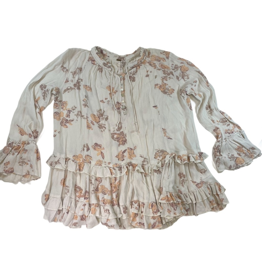 Free People Peasant Blouse Floral Gauze Ruffle Trim Beige Size Small Women
